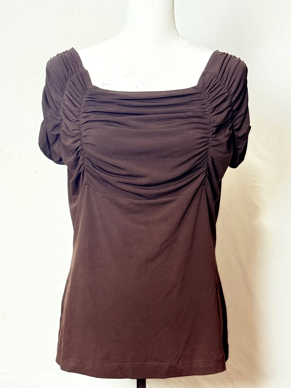 Worthington Stretch brown ruched square neck short sleeve top Women’s large |ab7